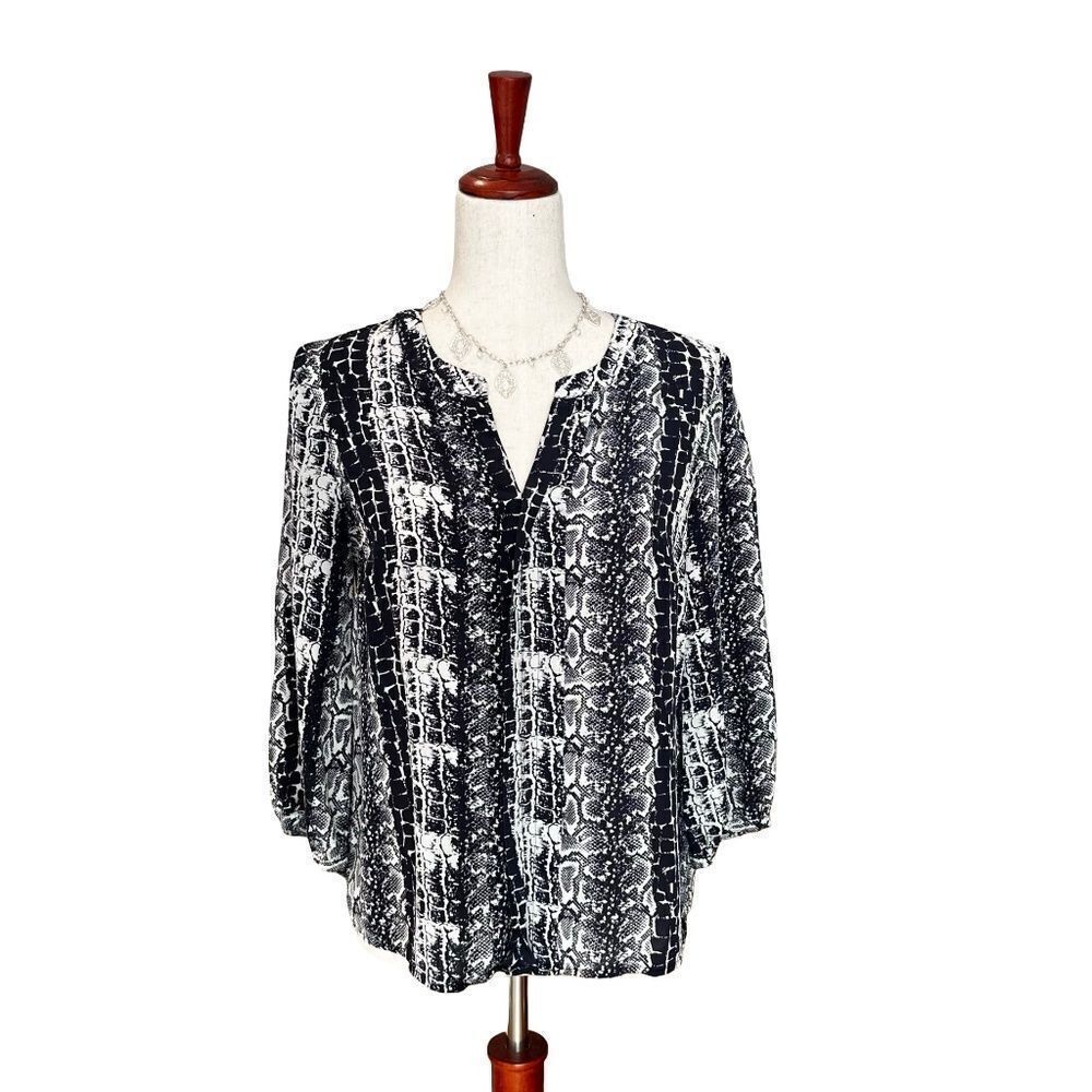 Talbot's Split Neck 3/4 Sleeve 100% Silk Blouse Dark Navy/White Small (6)